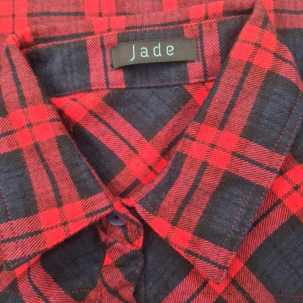 Jade Red Black Navy Plaid Flannel Dress Button Front Roll Tab Sleeve Small - Picture 11 of 14